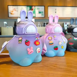 DIY 2D 3D stickers plastic water bottle for kids Children girls summer 830ml new cute rabbit big belly Cup with straw strap