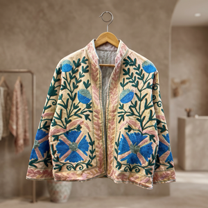 Veste en coton brodée florale à col mandarin, manches longues, style Prairie Chic, pour femme, printemps, confection artisanale avec motif à points ouverts - Product Image 2