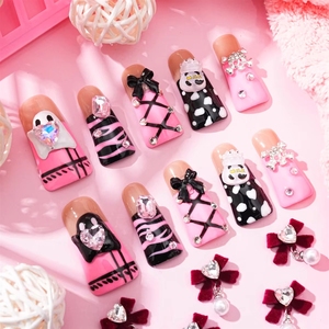 <span class=keywords><strong>Uñas</strong></span> Postizas de Prensa con Diseño de Corazón Fantasma Rosa <span class=keywords><strong>y</strong></span> Negro, <span class=keywords><strong>Uñas</strong></span> Francesas Simples <span class=keywords><strong>Blancas</strong></span> Completamente Terminadas, <span class=keywords><strong>Uñas</strong></span> Artificiales de Longitud Media - Product Image 1