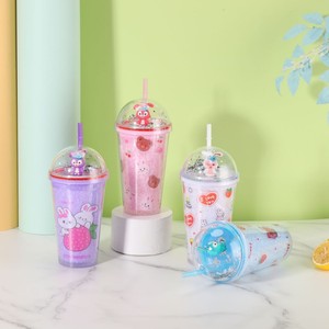 450ml Sweet Strawberry Printed Plastic Tumbler Double Wall Design with Straw Silver Glitter Dome Lid Cute Bunny Bear Character - Product Image 4