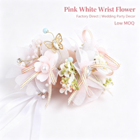 Corsage Pergelangan Tangan Mawar Putih Pink Real Touch Buatan, Pita Renda dengan Daun Campuran, Kit Bunga untuk Pengiring Pengantin dan Pengantin Wanita di Pernikahan