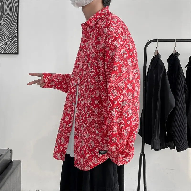 Camisa de manga larga con diseño de flor de anacardo para hombre, camisa de manga larga holgada, Estilo vintage japonés, informal, a la moda