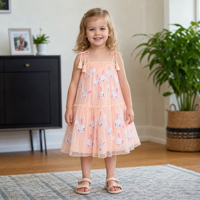 Nouvelle Robe Tutu de Pâques pour Filles 2-10 Ans, en Tulle Superposé Pêche avec Nœud à Pompons, Bretelles Spaghetti Ajustables, Logo Personnalisé