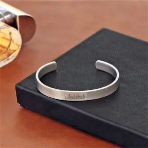 Ouj Custom 4mm 8mm Stainless Steel Men Bracelet Name Engraved Capital Initial Letter Vintage Silver Matte Brushed Cuff Bracelet