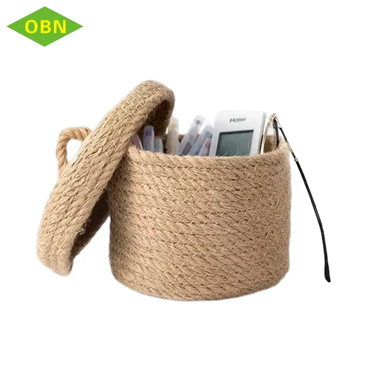 Customized neantening small jute rope straw storage basket with lid