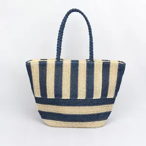 Factory custom LOGO machine woven woven paper straw beach bag striped design shopping casual handbag