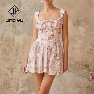 Summer Fashion pink Small Floral <b>Dress</b> Chest Pleated square Neck Suspender Skirt Custom Rayon Short <b>Dress</b> - Product Image 1