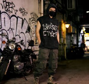 T-shirt con Cappuccio 230G, 100% Poliestere, Stile Vintage Lavato Streetwear Oversize con Corna del Diavolo e Grafica RISK <span class=keywords><strong>STAR</strong></span>, Per Tutte le Stagioni - Product Image 4