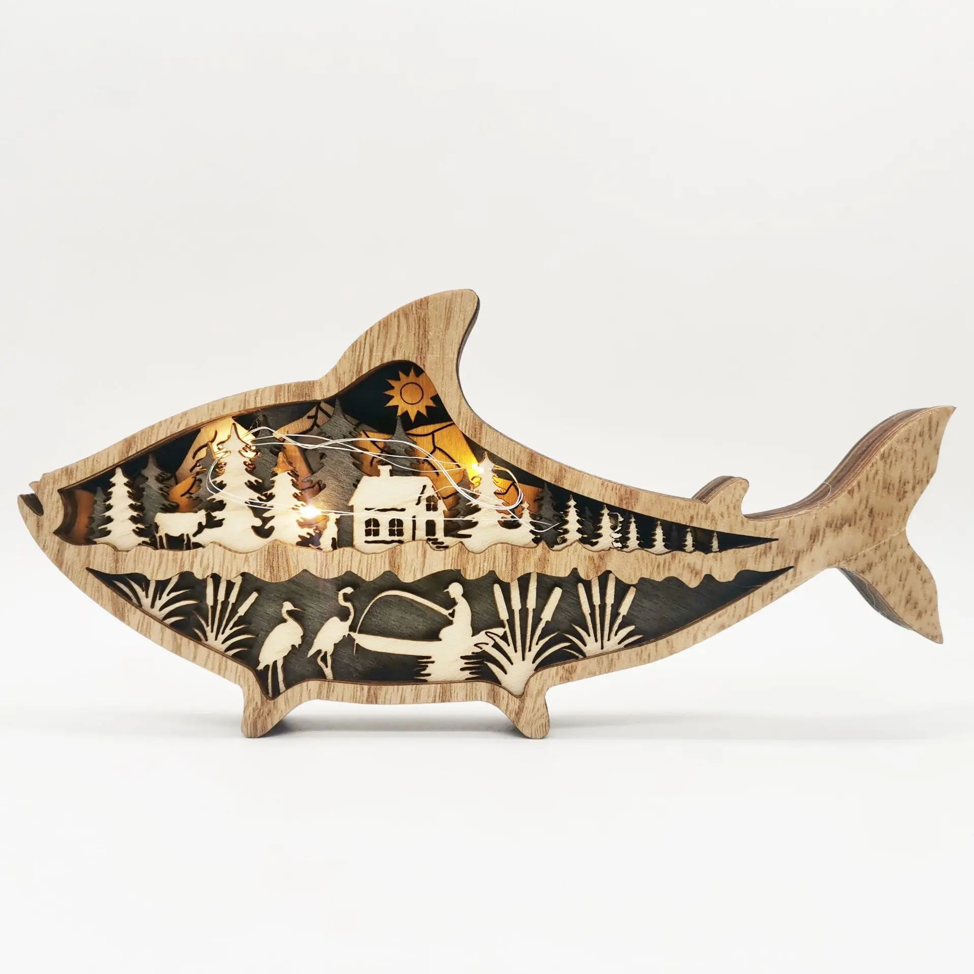 Animal marino de madera, artesanía, creatividad, viento marino, tallado de madera, Decoración de mesa de peces