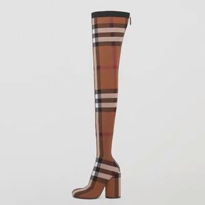 Bottes hautes classiques à carreaux pour femmes, extensibles, avec talons épais, au-dessus du genou, fermeture éclair longue à l'arrière, pour l'hiver - Product Image 1