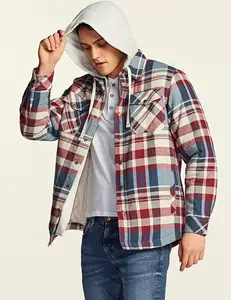 Men's Quilted Lined Flannel Hooded Shirt Jacket Soft Long Sleeve Outdoor Plaid Shirt Jackets