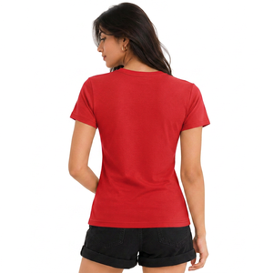 Camiseta de Algodón para Mujer, Cuello Redondo, Corte Regular, Color Rojo Sólido, Casual, Manga Corta, Primavera Verano, Tejido Jersey Transpirable, 200g - Product Image 4