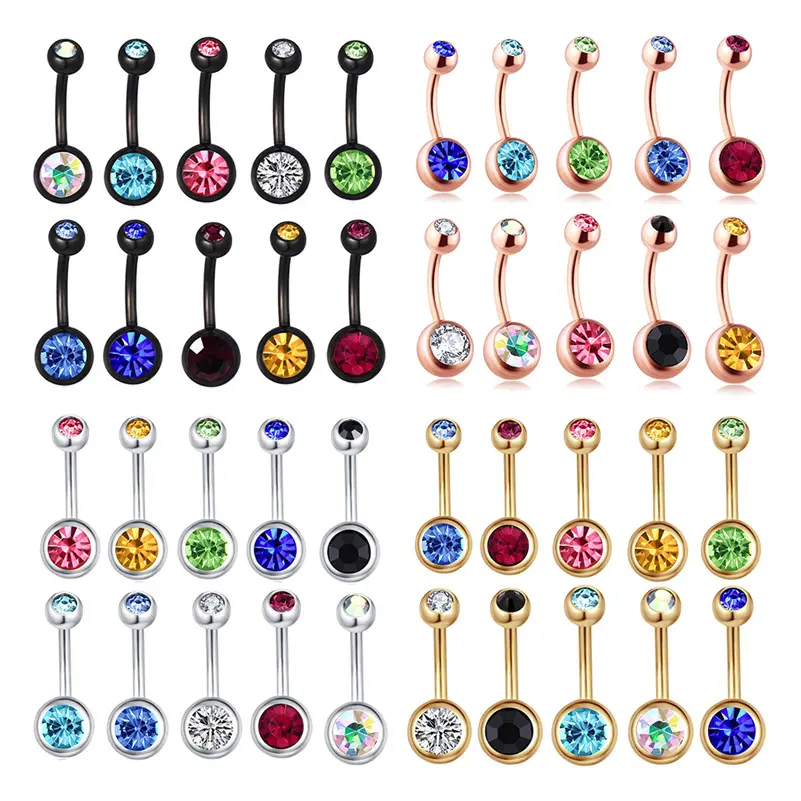 2401 double anneau ombilical en acier inoxydable grand nombril bouton dix couleurs ongles ensemble bijoux piercing en gros