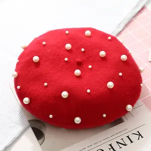 羊绒女保暖法国帽子女孩针织红色串珠奢华珍珠贝雷帽