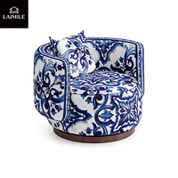 Fauteuil de salon de luxe bleu et blanc imprimé, rond, rembourré, avec dossier, idéal pour villa et salon