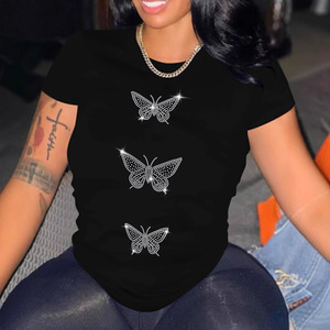 T-shirt da <span class=keywords><strong>donna</strong></span> di lusso con strass <span class=keywords><strong>oversize</strong></span> nuova moda con strass a caldo e stile personalizzato - Product Image 4