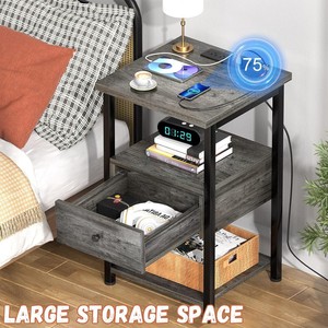 Mesita de noche superventas transfronteriza con luz LED, multifuncional, con enchufe, puerto USB y cajón - Product Image 4