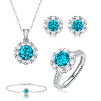 Ensemble de bijoux Halo multicolores en moissanite VVS, 4 pièces, bague réglable, pendentif, collier, boucles d'oreilles, bracelet, en argent S925