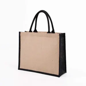 Logotipo personalizado impressão Tote de cânhamo das mulheres negras viagens reutilizáveis lidar com Gift Shopping Product Tote Jute Bag