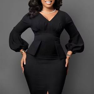 Vestido de Manga Abullonada con Cuello en V Cruzado, Color Sólido, Abertura Lateral, Vestidos de Oficina para Mujer, Vestidos Formales de <span class=keywords><strong>Trabajo</strong></span> - Product Image 2