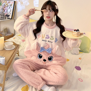 Pijamas de medio terciopelo para mujer, estudiante de invierno, jersey de cuello redondo, pijamas, ropa de casa, traje, conjuntos de ropa de dormir - Product Image 4