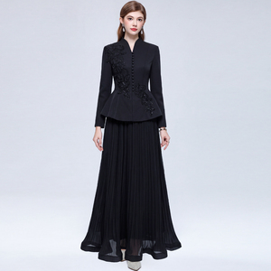 Zarif Siyah Düz <span class=keywords><strong>Blazer</strong></span> A Kesim Pileli Etek 2 Parça Takım İşlemeli Uzun Kollu Kadın Takımı Tek Düğmeli - Product Image 3
