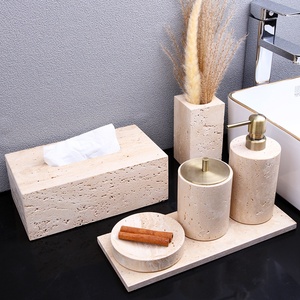 Hot <b>Sale</b> Free Combination Nature Marble Beige Travertine Stone Bathroom Toiletries Set Wabi Sabi Bathroom Amenities Kit - Product Image 4