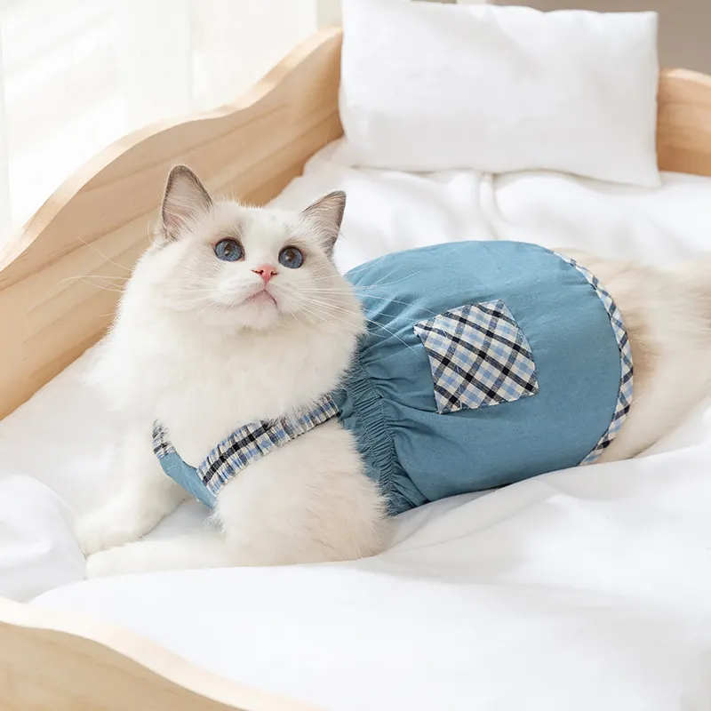 Schneller Versand Großhandel Hersteller Demin Luxus blau Haustier Katzenkleid Sommer Frühling Baumwolle atmungsaktive Hundeweste Kleidung