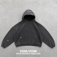 Sudadera con capucha para hombre de marca privada, estilo vintage, lavada y desgastada, de forro polar cepillado, estilo urbano, con detalle de tinta salpicada en el borde del capucha y dobladillo deshilachado