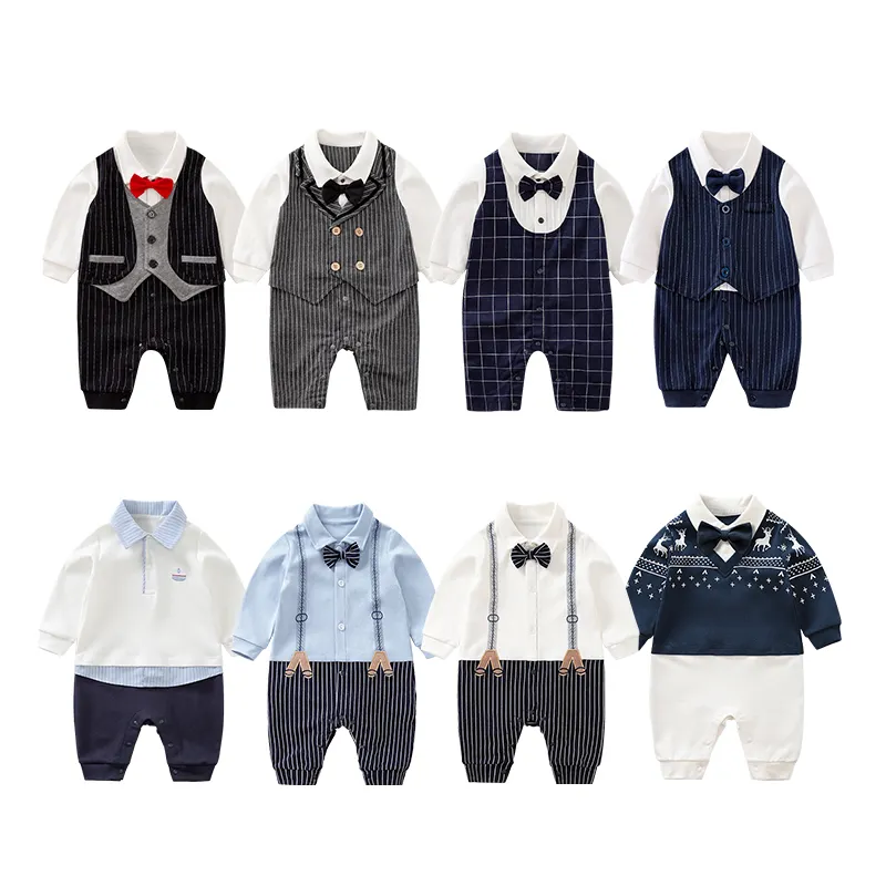 Wholesale bow tie gentleman style long sleeve 100% cotton Baby fashion clothes for autumn/spring baby boys rompers