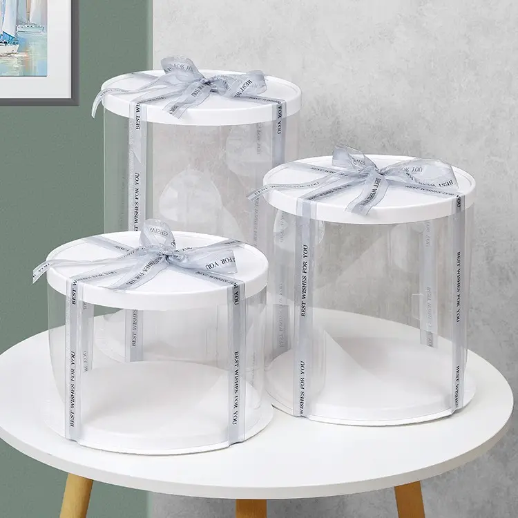 50pcs 10 pouces rond haut Transparent clair boîte à gâteau boîte de faveur PVC Transparent chocolat bonbons anniversaire gâteau coffrets cadeaux