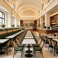 Table de salle à manger commerciale robuste avec plateau en marbre blanc et base en métal noir, tables de restaurant modernes personnalisées pour café et centre commercial