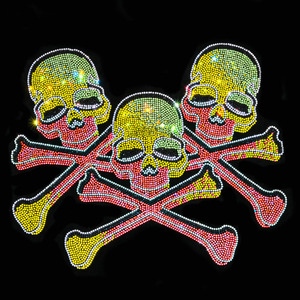 Skull Crossbones Rhinestone Transfer Hotfix Motif Green Yellow <strong>Red</strong> Tri Color for <strong>T</strong> <strong>Shirt</strong> Denim Biker Jacket Custom Wholesale - Product Image 1