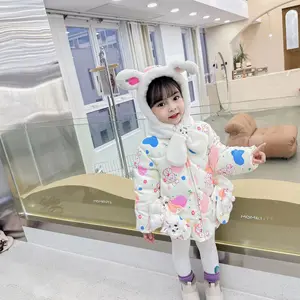 With Plush And Thick Coat Girls Big Fur Collar Hooded Jacket Long Pattern Hooded Coats Kids Down Cotton Winter Clothes