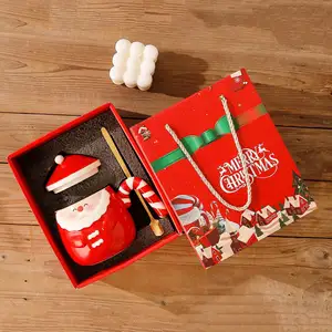 Seaygift cute hand printed santa claus christmas ceramic coffee mug christmas milk cup gift boxed set with spoon lid