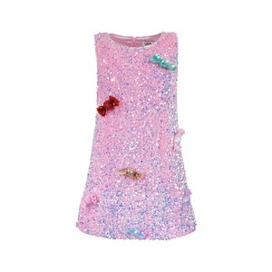 Robes pour filles rose à sequins, motif bonbon, sans manches, coupe trapèze, irisées, avec nœud scintillant, pour fête, mini, pour tout-petits, boutique - Product Image 2