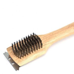 Brosse de nettoyage de grille en fil d'acier inoxydable personnalisée avec manche en bois, outil de barbecue droit en métal, vente chaude - Product Image 4