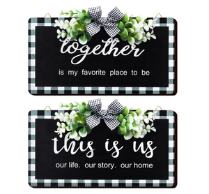 2 ชิ้น Buffalo ลายสก๊อตไม้ป้ายตกแต่งผนังชนบท Buffalo ลายสก๊อตป้ายสีดําและสีขาว Vintage ฟาร์มเฮาส์ตกแต่งสําหรับบ้าน - Product Image 1