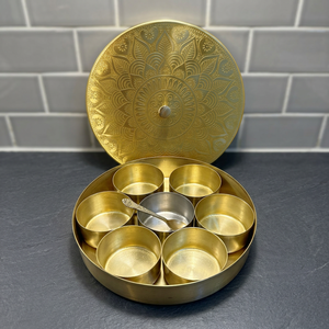 Premium Round Brass Spice <b>Box</b> with 7 Katori Containers Etched Floral Art Lid Luxury Indian Masala Dani Kitchen Organizer Set - Product Image 1