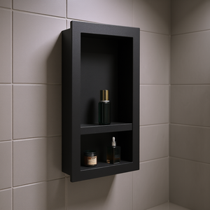 Estante de pared empotrado para baño y ducha, 16 x 28 x 4 pulgadas, de madera, de dos niveles, diseño minimalista, ahorra espacio - Product Image 2
