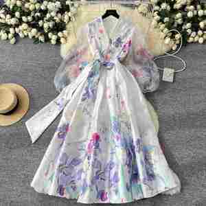 Vestido Midi Casual de Verano 2025 Tallas Grandes con Cuello en V y Manga Larga, Estampado Digital de Malla Tejida con Parches, Estilo Imperio, Sencillo para Fiesta - Product Image 2