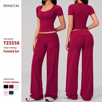 Ensemble de yoga brossé certifié GCC Dingtai pour femme : haut à manches courtes et pantalon large à taille repliable, tenue de sport 2 pièces