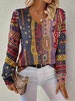 Suéter de Mujer con Cuello en V, Diseño Calado, Patrón a Cuadros, Hombros Regulares, Ligeramente Holgado, Casual, Transpirable, 100% Poliéster, 300g, Tejido de Punto