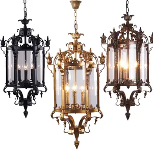 De gros cuivre et noir lustre-Lustre classique rétro vintage Villa decor éclairage plafond antique lampe en verre fer cage lustre