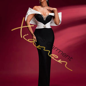 MF Boutique Robe de soirée élégante pour femme, vintage, respirante, à épaules dénudées, blanche, avec strass noirs, en laine droite imprimée naturelle - Product Image 1