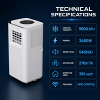 Climatiseur portable intelligent électrique 7000/9000 BTU, fonction de refroidissement, usage domestique, classe d'efficacité énergétique, télécommande en plastique