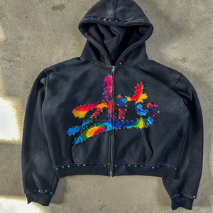 Tùy Chỉnh Rhinestone Zip Lên Hoodie Axit Rửa Người Đàn Ông Của Rhinestone Hoodies Nặng Áo Đặt Sang Trọng Kim Cương Rhinestone - Product Image 3