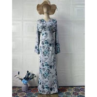 Robe longue en jean élégante pour femme, imprimé floral, col en V, manches longues évasées, taille haute, coupe ajustée, longueur cheville, pour le quotidien