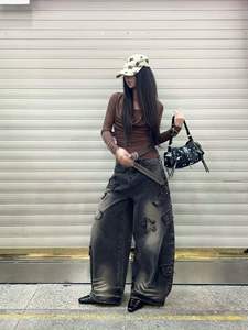 Washed Wide Leg Jeans for Women Star Patch Cargo Denim Pants Loose Full Length Streetwear - Product Image 1