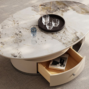 <span class=keywords><strong>Set</strong></span> di <span class=keywords><strong>Tavolini</strong></span> Moderni Ovali in Pietra con Base Astratta in Acciaio Inox Grigio, Piano Beige e Cassetto - Product Image 4